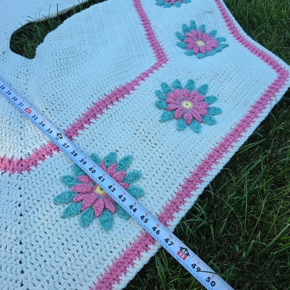 Vtg Handmade Crochet Christmas Tree Skirt White Pink Teal Pointsettia 54 inches